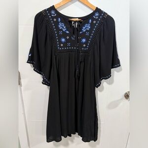 Blue Rain Women’s Black Boho Dress with Blue Embroidery